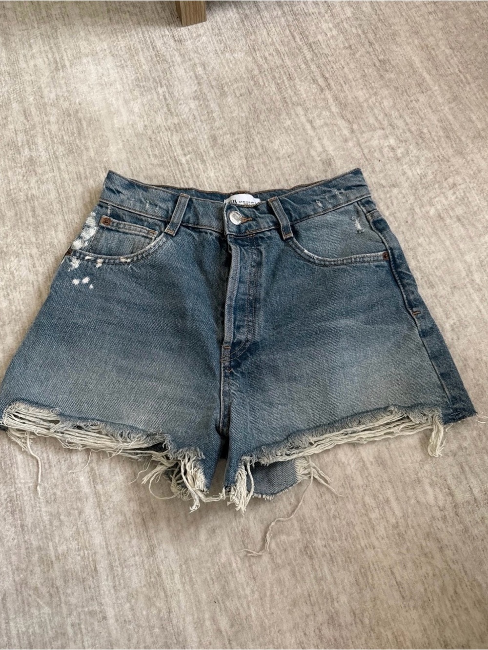 Zara Distressed High-Waist Denim Shorts - Medium Blue
